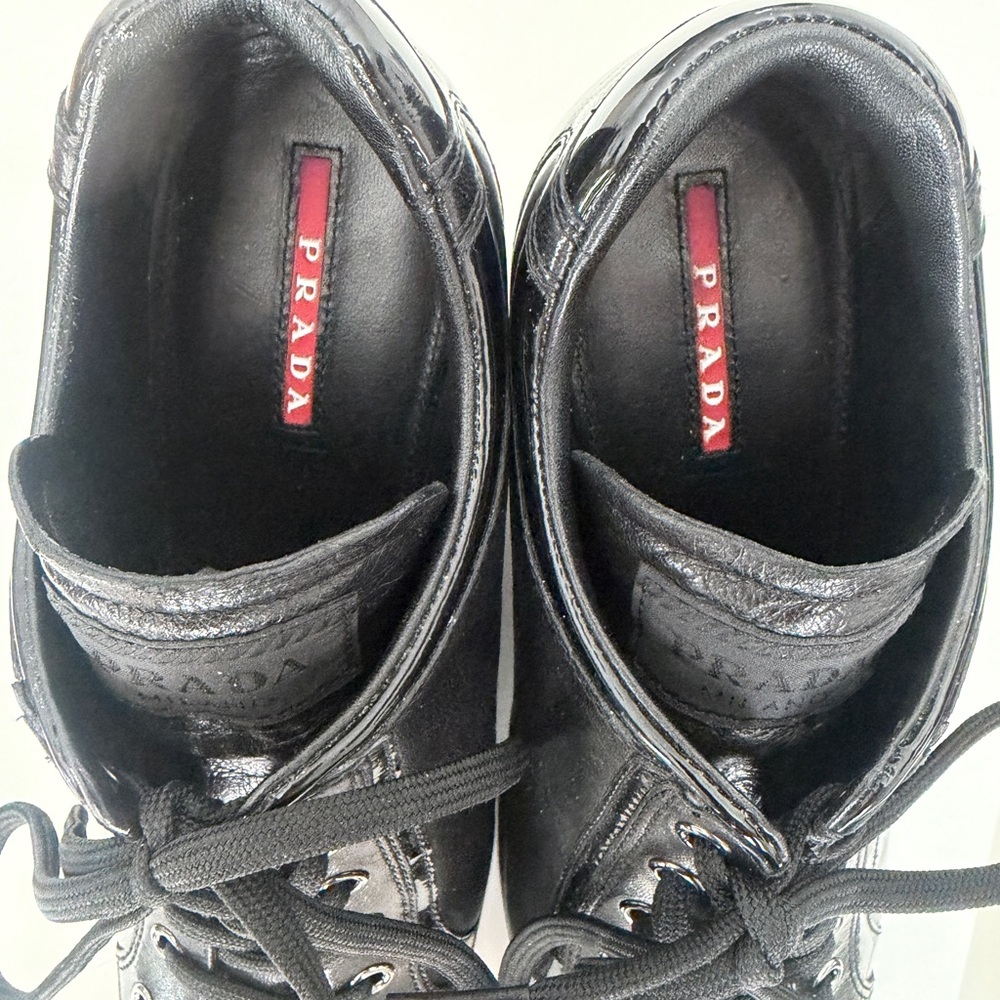 Authentic Prada Sport Milano Black Leather Logo Wedge Laceup Sneakers EU 38/US 8 - Picture 10 of 11